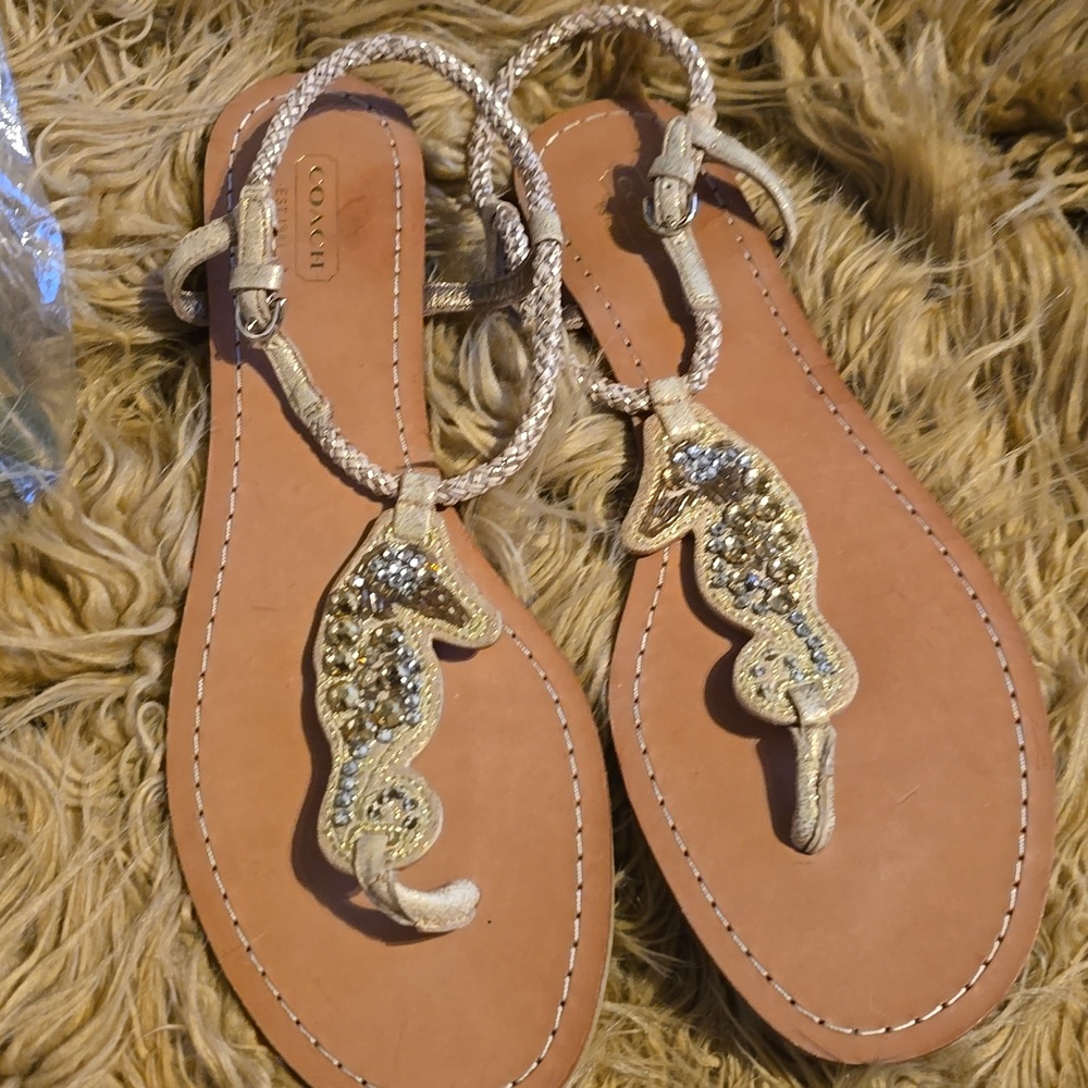 Coach Tan Leather Sandal with Gold Beaded Seahorse Embellishment Size 10.